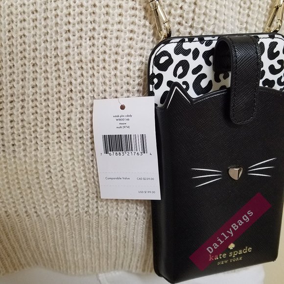 NWT KATE SPADE 100% AUTHENTIC NORTH PHONE CROSSBODY CAT MEOW BLACK WHITE - Picture 8 of 12